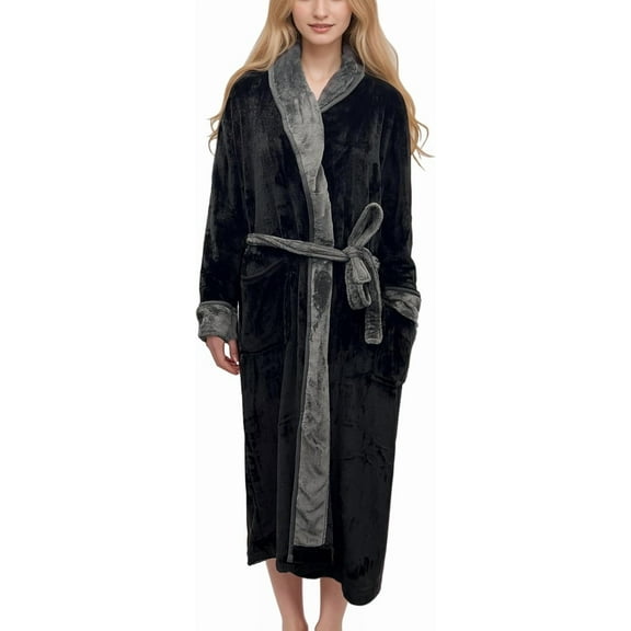 Elegant Comfort Women's Spa Plush Fleece Bathrobe with Shawl Collar and Pockets - Soft, Warm, Long Robe for Women, Small, Black/Gray