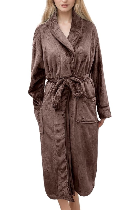 Women's Spa Plush Fleece Bathrobe with Shawl Collar and Pockets - Soft, Warm, Long Robe for Women, Small, Chocolate Brown