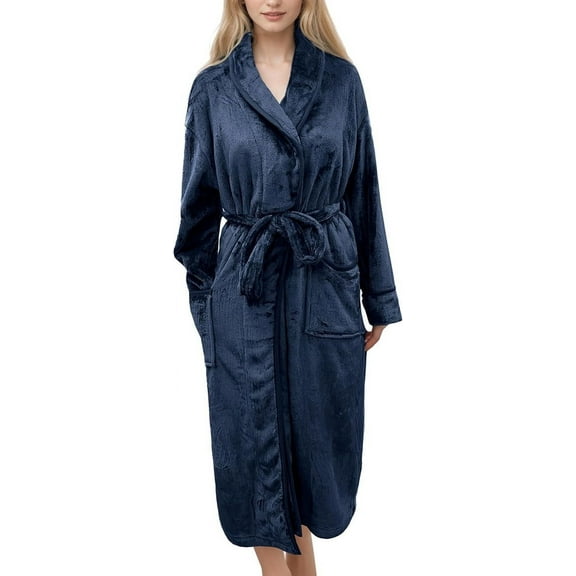 Elegant Comfort Women's Spa Plush Fleece Bathrobe with Shawl Collar and Pockets - Soft, Warm, Long Robe for Women, Small, Navy Blue