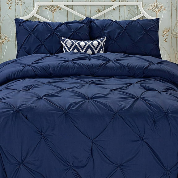 Elegant Comfort Wrinkle Resistant - All Season Luxury Silky Soft Pintuck 3-Piece Comforter Set - Full/Queen, Navy Blue