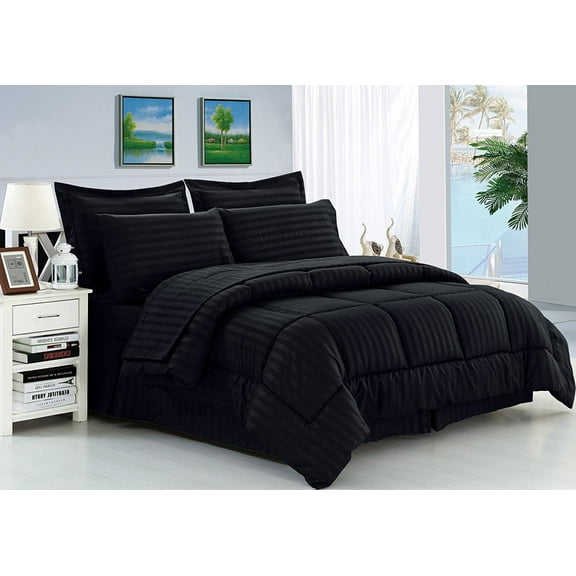 Elegant Comfort Wrinkle Resistant - Luxurious Silky Soft Dobby Stripe Bed-in-a-Bag, 8-Piece Comforter Set - HypoAllergenic - Full/Queen, Black
