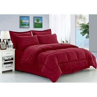 Elegant Comfort Wrinkle Resistant - Luxurious Silky Soft Dobby Stripe Bed-in-a-Bag, 8-Piece Comforter Set - HypoAllergenic - Full/Queen, Burgundy