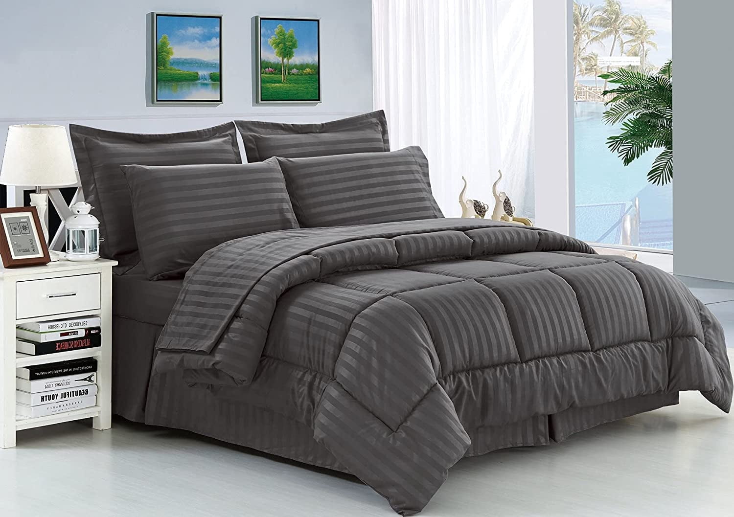 Elegant Comfort Full/Queen Size 8-Piece Dobby Stripe Bed-in-a-Bag