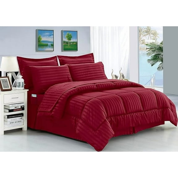 Elegant Comfort Wrinkle Resistant - Silky Soft Dobby Stripe Bed-in-a-Bag 8-Piece Comforter Set, Full/Queen, Burgundy