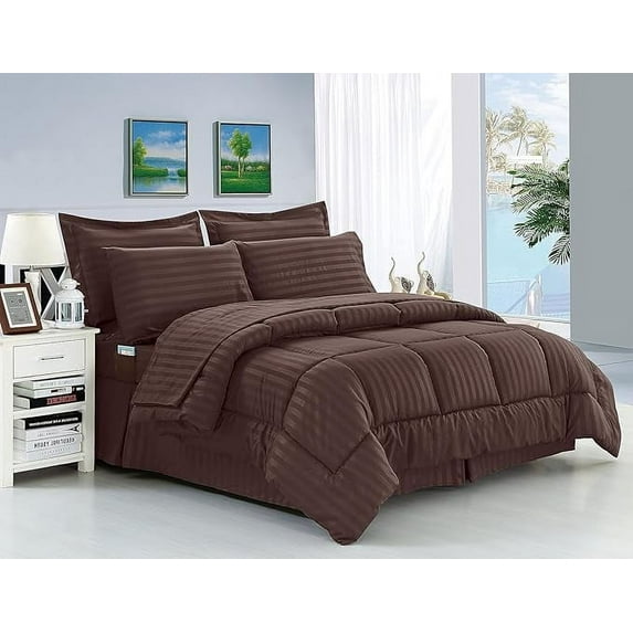Elegant Comfort Wrinkle Resistant - Silky Soft Dobby Stripe Bed-in-a-Bag 8-Piece Comforter Set, Full/Queen, Chocolate
