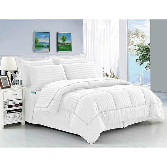 Elegant Comfort Wrinkle Resistant - Silky Soft Dobby Stripe Bed-in-a-Bag 8-Piece Comforter Set, Full/Queen, White