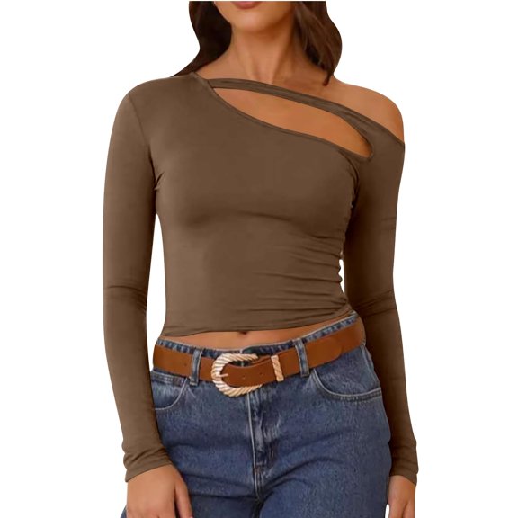 Elegant Commute Hollow Out Sexy Irregular Neck Slim Fit Long Sleeve Crop Top For Women