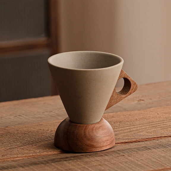 Elegant Conical Coffee Cup 6 oz Ceramic Mug with Wood Base and Handle Tapered Design Heat Insulated Grip for Hot Coffee Tea Drinks Home Office Tabletop Use