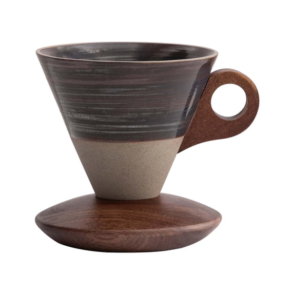 Elegant Conical Coffee Cup - Vintage Coarse Ceramic Mug with Wooden Handle and Base, 200ml Capacity, Ideal for Pour - Over Coffee and Tea, Heat Insulating Design,Multicolor C