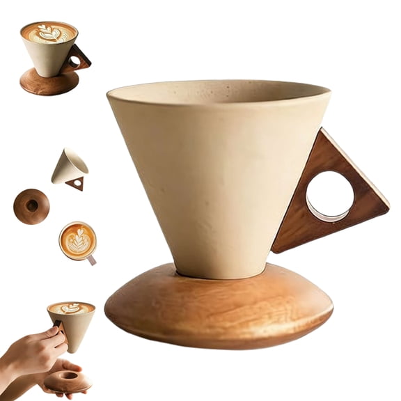 Elegant Conical Coffee Cup with Wooden Base, Vintage Ceramic Cone Shaped Coffee Mug with Wood Handle and Coaster Set for Home Restaurant Party Office Use