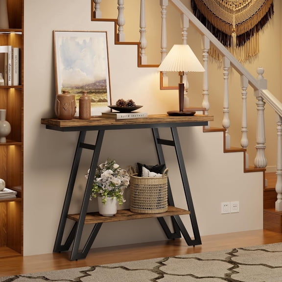 Elegant Console Table with Open Shelves, Space Saving Small Entryway Table with Storage, Narrow Sofa Table Behind Couch for Entrance, Living Room, Hallway, Easy Assembly, Rustic Brown