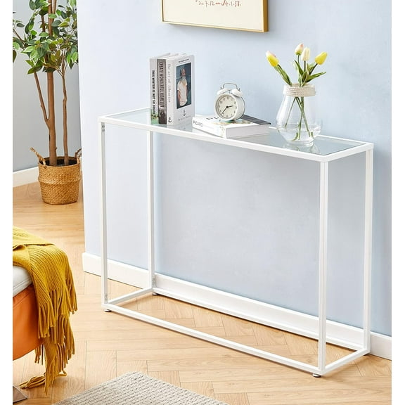 Elegant Console Table with Tempered Glass Top, Multifunctional Entryway & Sofa Table with Metal Frame
