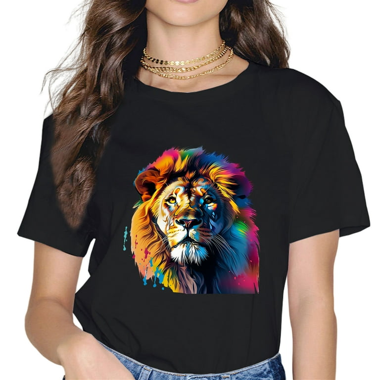 Elegant, Cool Lion Head Design with Bright Colorful T-Shirt