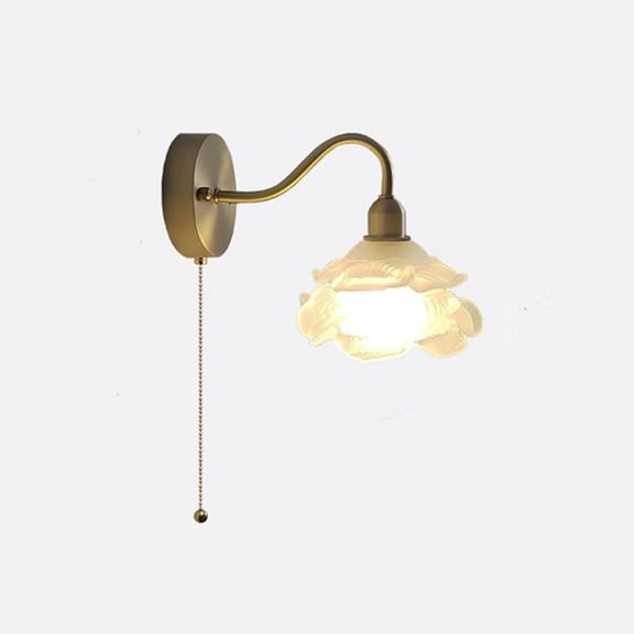 Elegant Copper Wall Sconce Modern Wall Light with Pull Chain Switch, Glass Wall Lamp Shade in Flower Shape, Nordic Wall Mount Lighting Fixtures for Living Room Bedroom