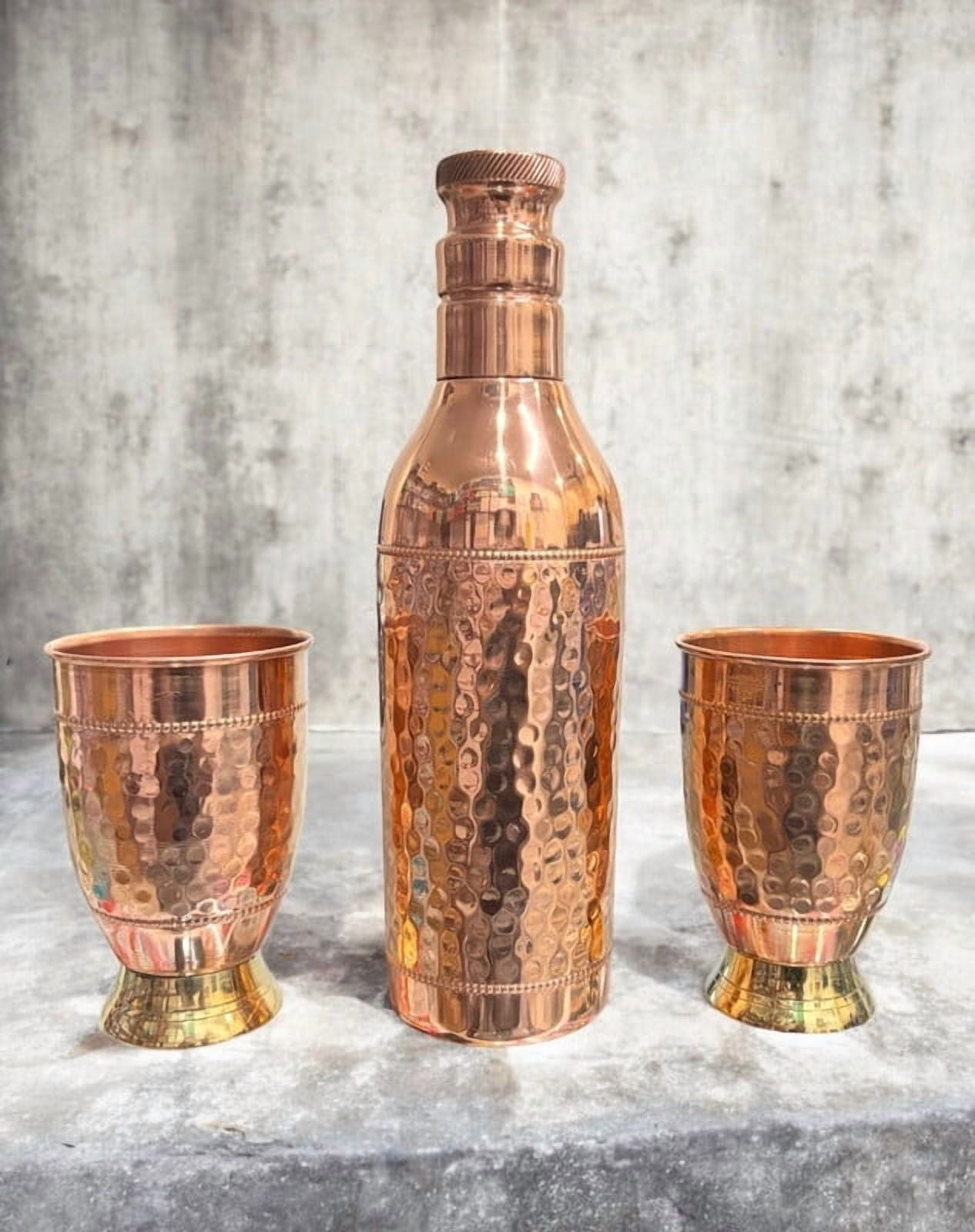 Elegant Copper Water Bottle Set with Two Matching Hammered Copper Glasses Half-Hammered Design Bottle Ideal for Home