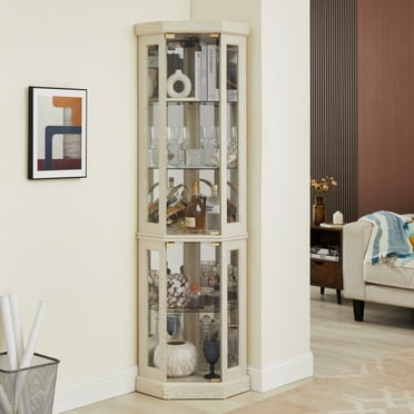 Elegant Corner Glass Cabinet Lighted - Antique White