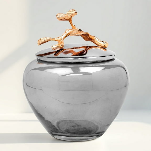 The Milli Collection Glass Cotton Jar in Black Luster Gold Finished Brass Branch Handle Decorative Jar with Lid Ideal for Bathroom Bedroom Kitchen Spacious Cotton Ball Storage Jar