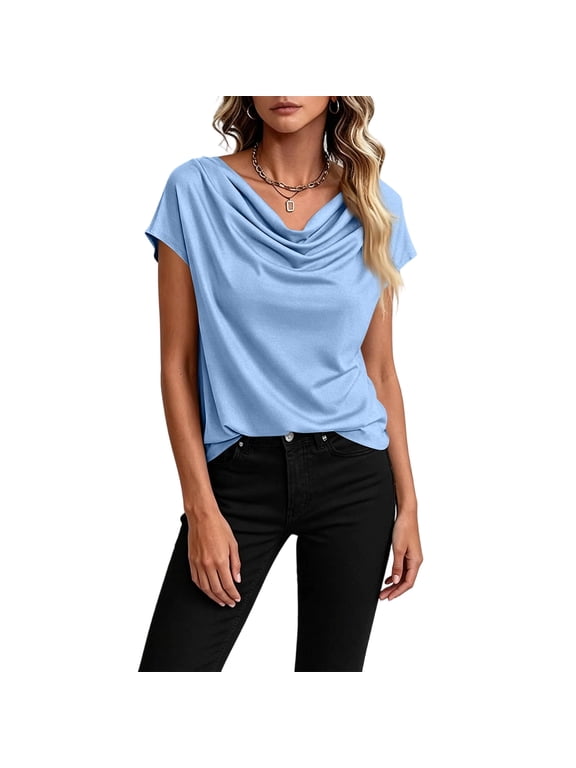 Elegant Cowl Neck Blouse for Women Dressy Solid Short Sleeve Work Tops Loose Fit Dressy Everyday Summer Lightweight Shirt