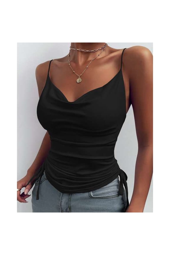 Elegant Cowl Neck Crop Tops for Women Spaghetti Strap Side Drawstring Ruched Tank Sleeveless Y2K Cami Solid 2026 Black L