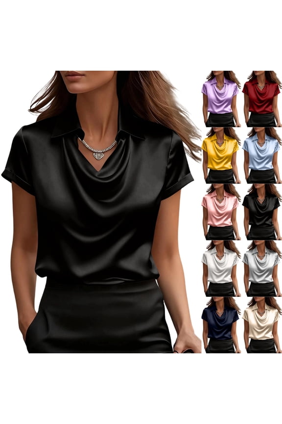 Elegant Cowl Neck Satin Shirts for Women Silk Short Sleeve Lapel Business Blouses Casual Office Work Dressy Tops, Black L