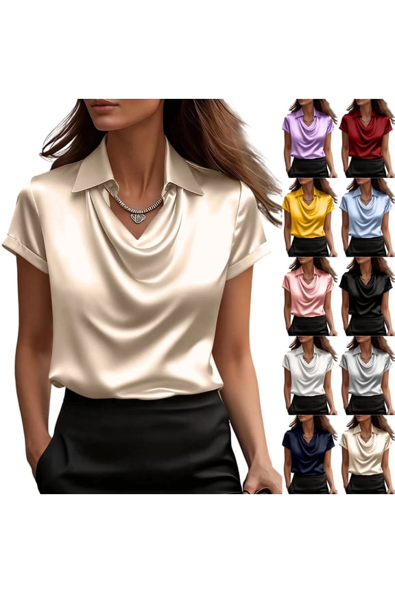 Elegant Cowl Neck Satin Shirts for Women Silk Short Sleeve Lapel Business Blouses Casual Office Work Dressy Tops, Khaki L