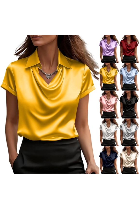 Elegant Cowl Neck Satin Shirts for Women Silk Short Sleeve Lapel Business Blouses Casual Office Work Dressy Tops, Yellow L