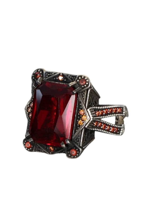 Elegant Craftsmanship: 925 Sterling Silver Ring with Red Zircon Stone and Basket Weave Pattern | 10