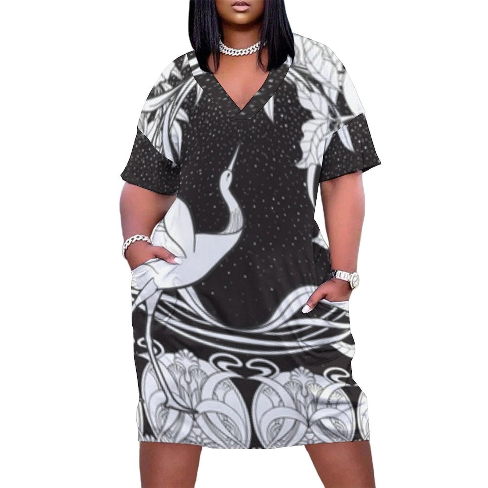 Elegant Crane Art Deco Design Summer Sundress for Curve Women Casual  Pattern Plus Size V Neck Short Sleeve Loose Fit Oversize Dresses -  Walmart.com