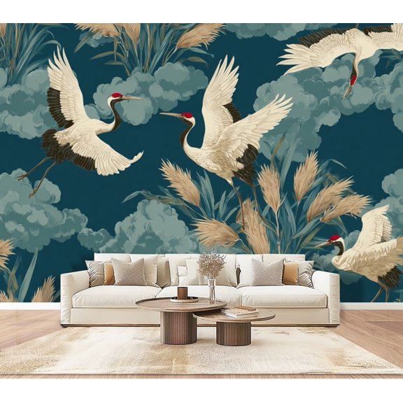 Elegant Cranes Chinoiserie Wallpaper Grassy Marshes Soft Clouds Peel and Stick Wall Murals 100"H x 144"W Removable PVC Wall Paper Self-Adhesive Wall Decor for Bedroom Living Room