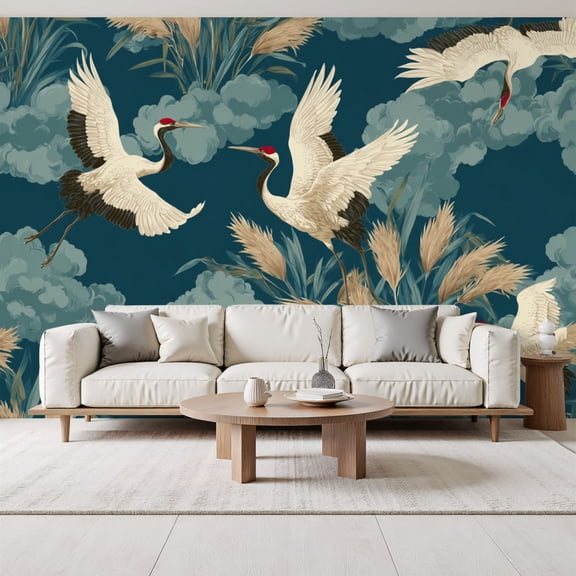 Elegant Cranes Chinoiserie Wallpaper Grassy Marshes Soft Clouds Peel and Stick Wall Murals 69"H x 96"W Removable PVC Wall Paper Self-Adhesive Wall Decor for Bedroom Living Room
