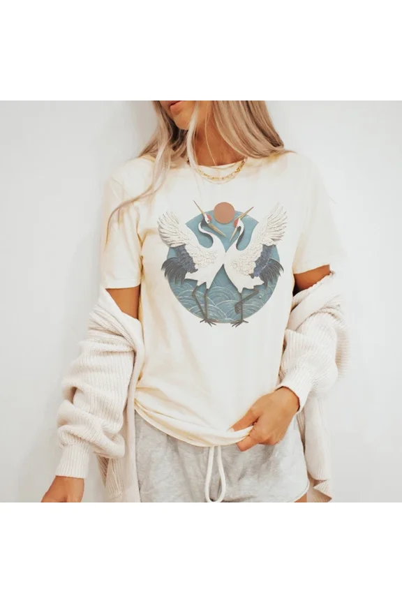 Elegant Cranes Graphic Tee With Water And Geometric Design Size S-5Xl Heygategoo Tee