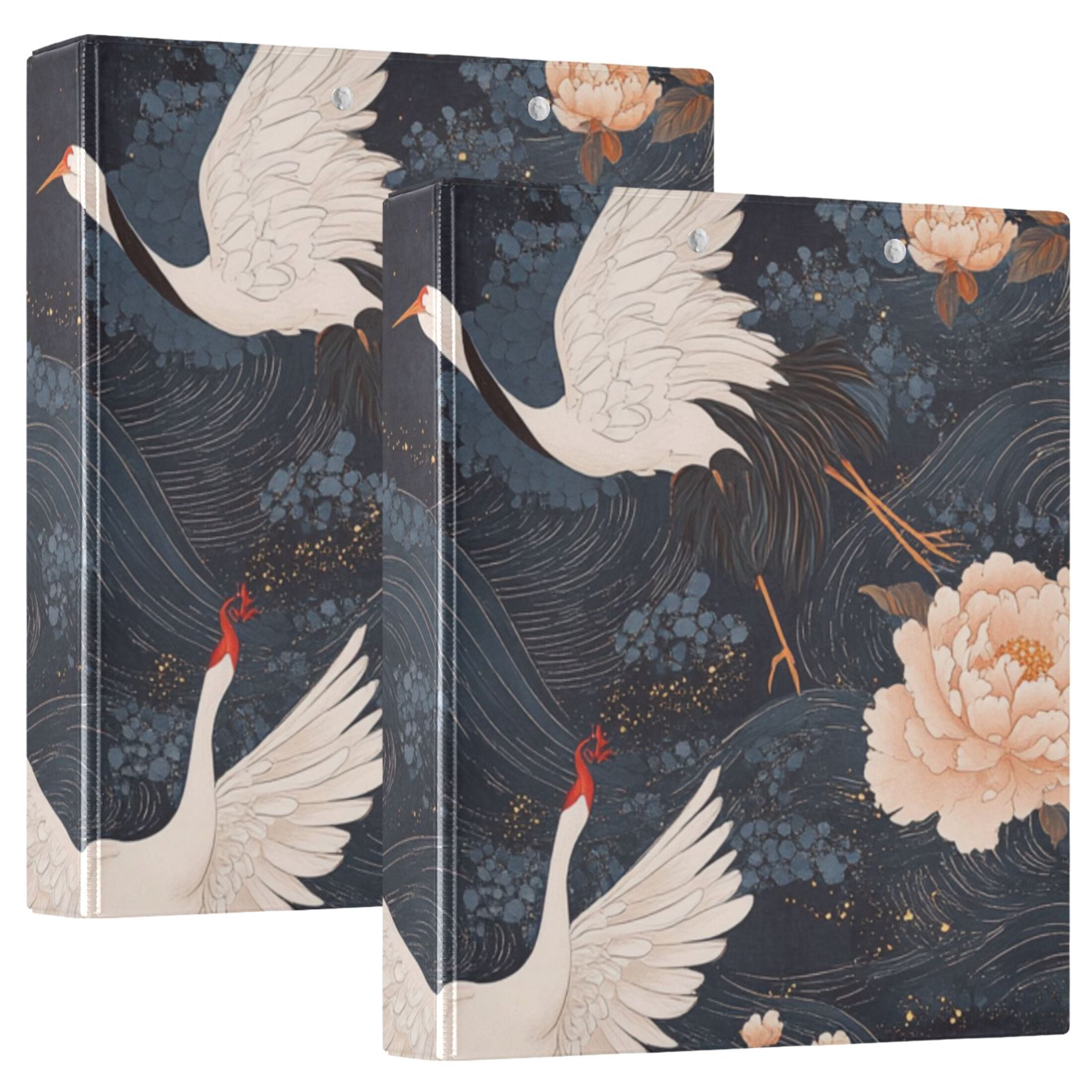 Elegant Cranes Peonies 3 Ring Binders 1.5 inch Hardcover File Folders with Interior Pockets A4 Size Organizer for School Office Hospital