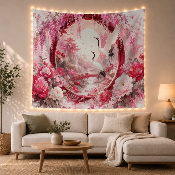 Elegant Cranes and Peonies with Pagoda Waterfall in Red Circle, Dreamy Japanese Inspired for Zen Decor Lovers, Asian Wall Art, Birthday Gift Tapestry Wall Hanging for Bedroom and Living Room