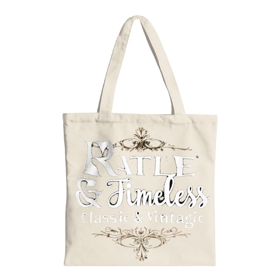 Elegant Cream Canvas Tote Bag with Vintage ' Rattle & TimeLESS ' Design Ornate Flourishes Perfect for Shopping Travel & Parties - Multifunctional Reusable Bag