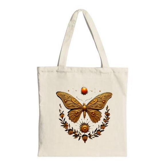 Elegant Cream Canvas Tote Bag with Golden Butterfly & Floral Wreath Design - Perfect for Shopping Travel & Parties