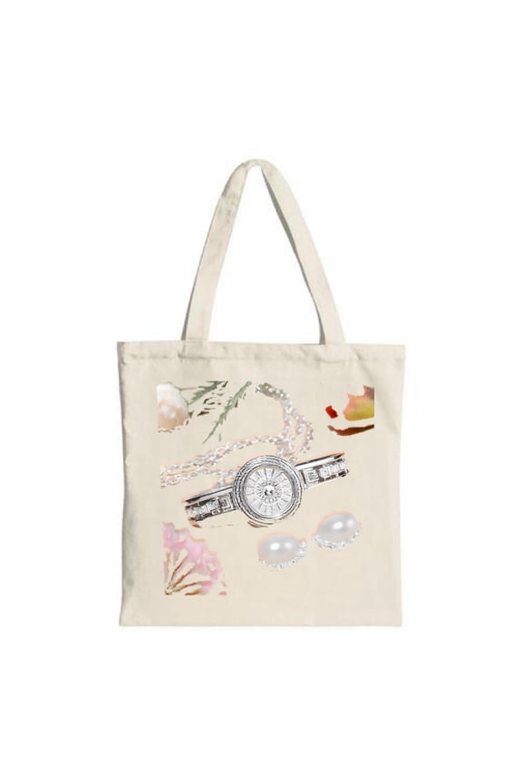 Elegant Cream Canvas Tote Bag with Vintage Design: Features Silver Watch Jewelry and Pink Flowers - Perfect for Shopping & Travel