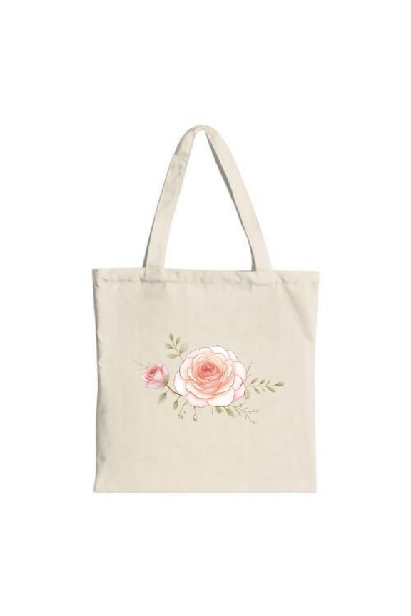Elegant Cream Floral Tote Bag - Features Large & Small Pink Roses with Green Leaves Perfect for Shopping Travel & Parties