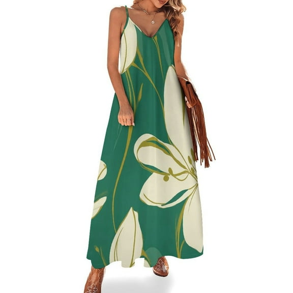 Elegant Cream Flowers Green Background Sleeveless Dress Dresses Women Summer Women's Summer Clothing