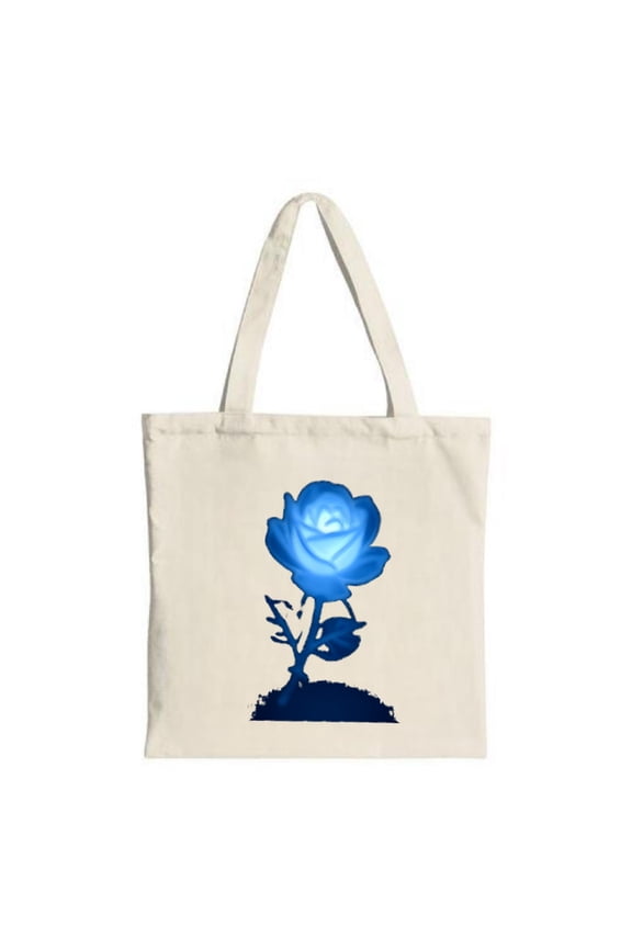 Elegant Cream Tote Bag with Glowing Blue Rose Design Dark Silhouette Stem Perfect for Shopping Travel and Parties