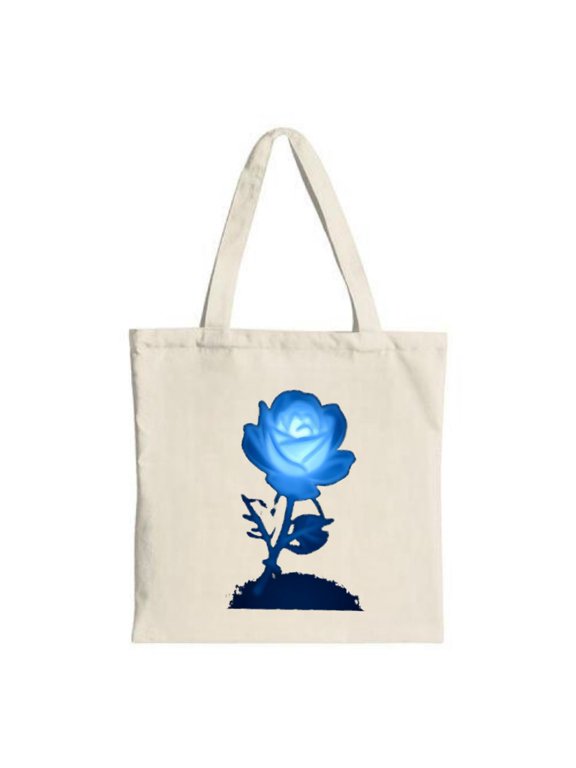 Elegant Cream Tote Bag with Glowing Blue Rose Design Dark Silhouette Stem Perfect for Shopping Travel and Parties