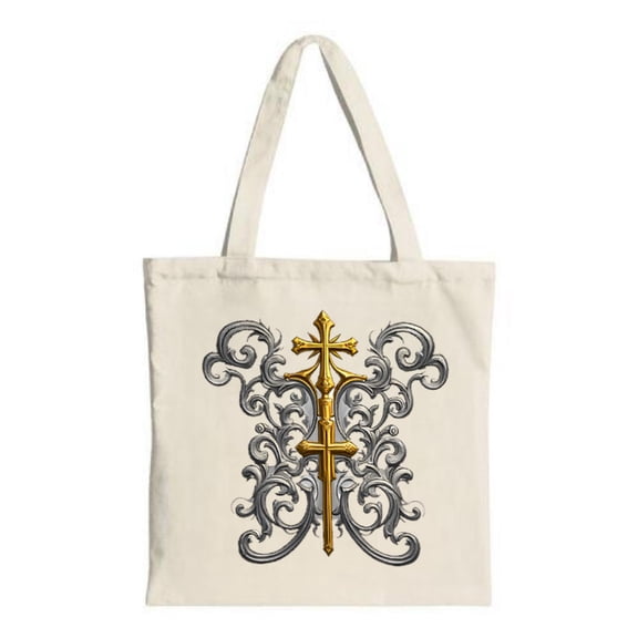 Elegant Cream Tote Bag with Golden Cross Design Intricate Gray & Black Swirls Perfect for Shopping Travel & Parties