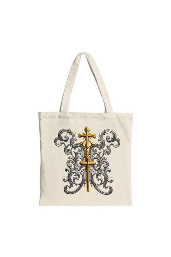 Elegant Cream Tote Bag with Golden Cross Design Intricate Gray & Black Swirls Perfect for Shopping Travel & Parties