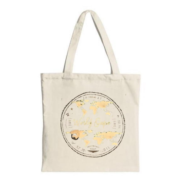 Elegant Cream Tote Bag with Golden Globe Script Celestial Design Perfect for Shopping Travel & Parties