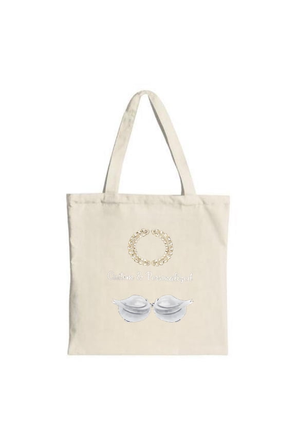 Elegant Cream Tote Bag with Golden Wreath ' Cosmic & Personalist ' Text and Stylish Gray Birds - Perfect for Shopping Travel and Parties