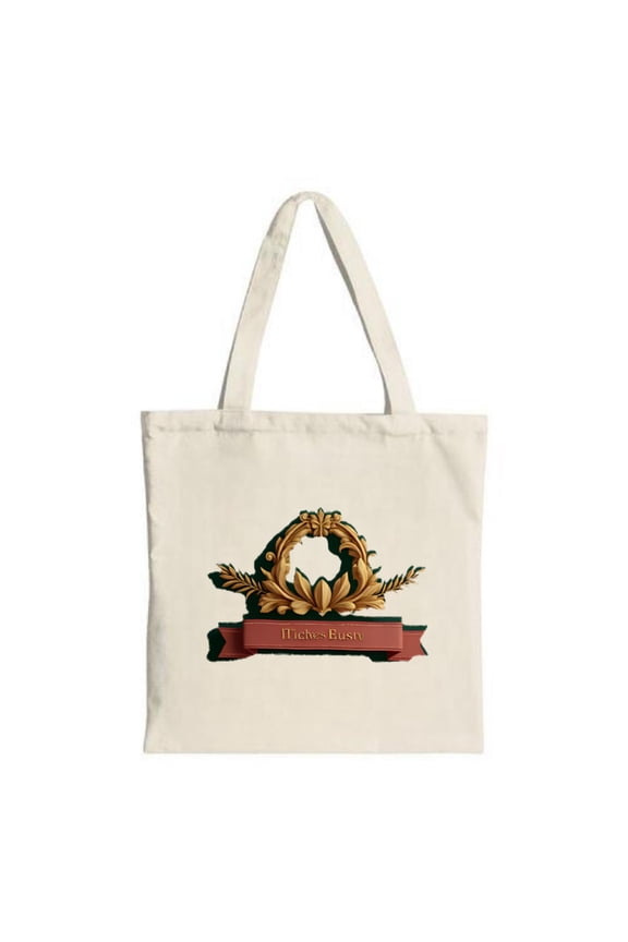 Elegant Cream Tote Bag with Golden Wreath & Red ' Rich & Busy ' Ribbon Perfect for Shopping Travel and Parties - Stylish & Reusable
