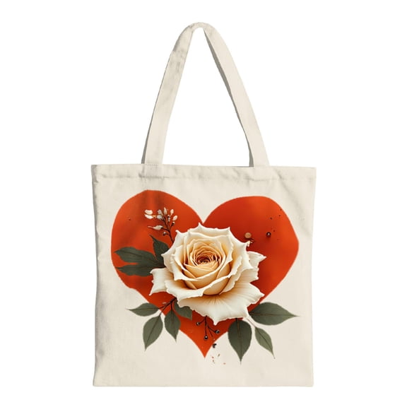 Elegant Cream Tote Bag with Red Heart & White Rose Design - Multifunctional Canvas Bag for Shopping Travel & Parties