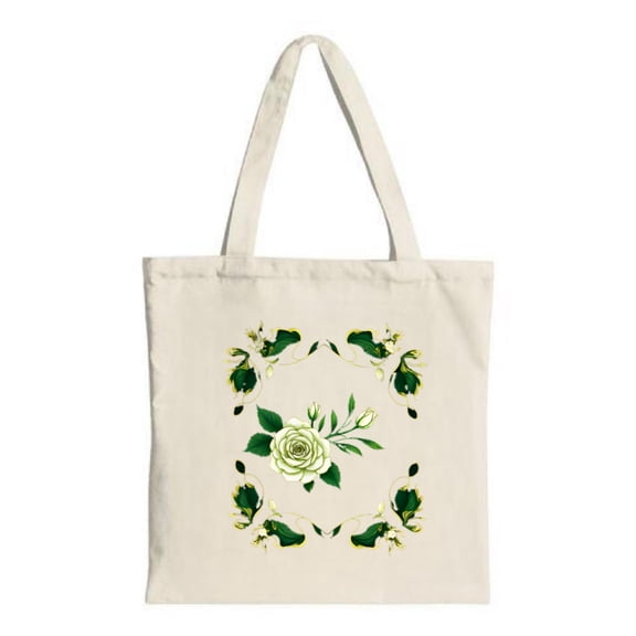 Elegant Cream Tote Bag with White Rose & Green Leaves Perfect for Shopping Travel & Parties - Stylish Canvas Design