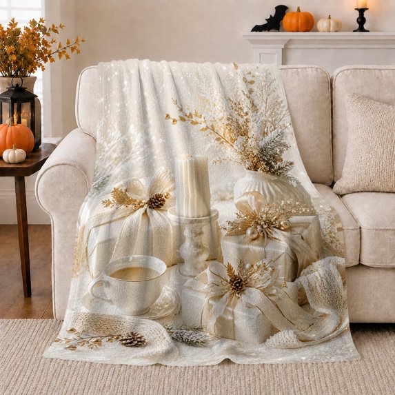 Elegant Cream Winter Still Life Presents Teacup, Festive Holiday Scene, Warm Flannel Blanket for Living Room and Reading Nook, Art Lovers Friendship Gift, Festive Home Decor