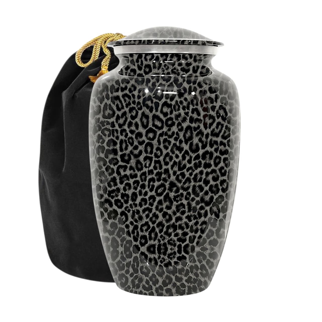 Elegant Cremation Urn For Human Ashes,  Adult Size Urn For Ashes, Grey Leopard Print Pattern, Holds Upto 200 cubic Ashes, With Velvet Bag