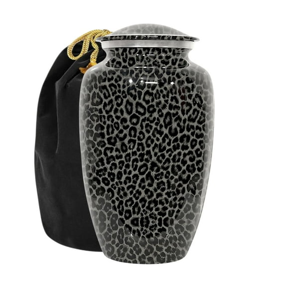 Elegant Cremation Urn For Human Ashes, Adult Size Urn For Ashes, Grey Leopard Print Pattern, Holds Upto 200 cubic Ashes, With Velvet Bag